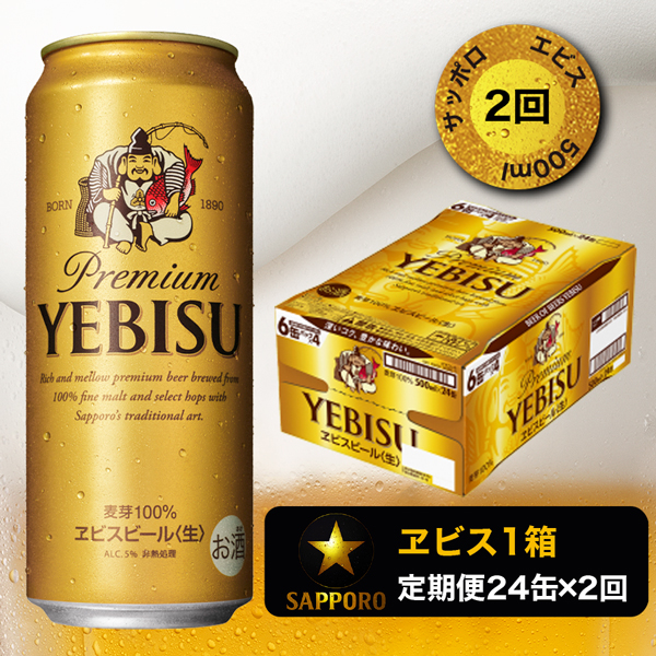 T0005-2102　【定期便2回】エビスビール500ml×1箱(24缶)【定期便】
